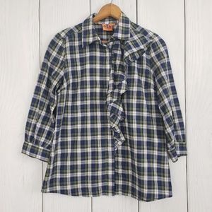 TORY BURCH Green Blue Plaid Ruffle Button Blouse